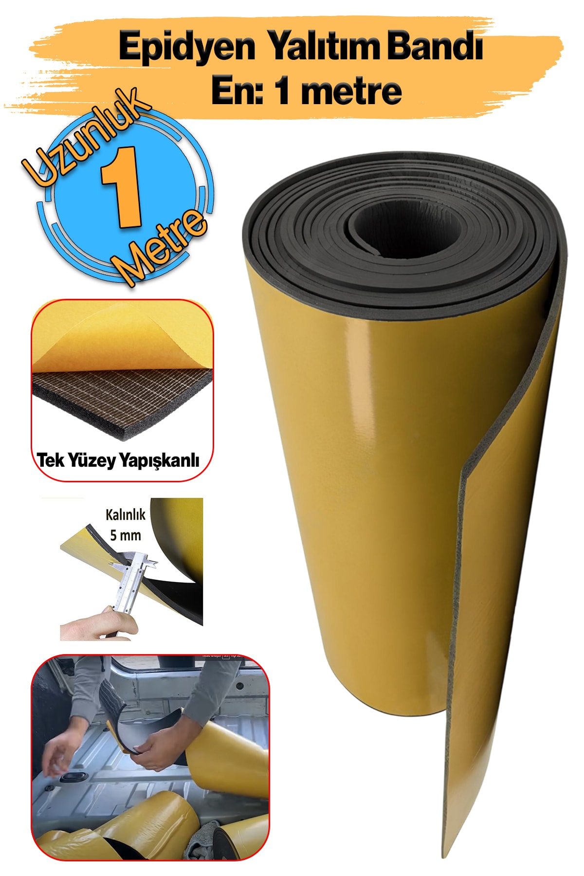 (5 MM EN:100 CM X 1 MT) Yapışkanlı Oto Araç Motor Ses Isı Yalıtım Izolasyon Bandı Kauçuk Sünger