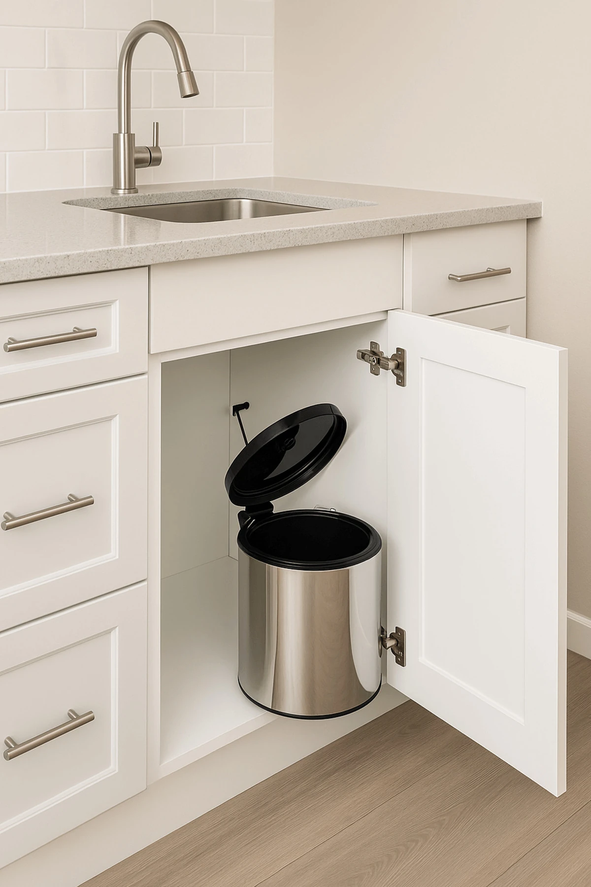 Banyo, Mutfak Tezgah Altı 11 Litre Metal Çöp Kovası, Krom, Tüm Dolaplara Uyumlu Dolap İçi Çöp Kovası