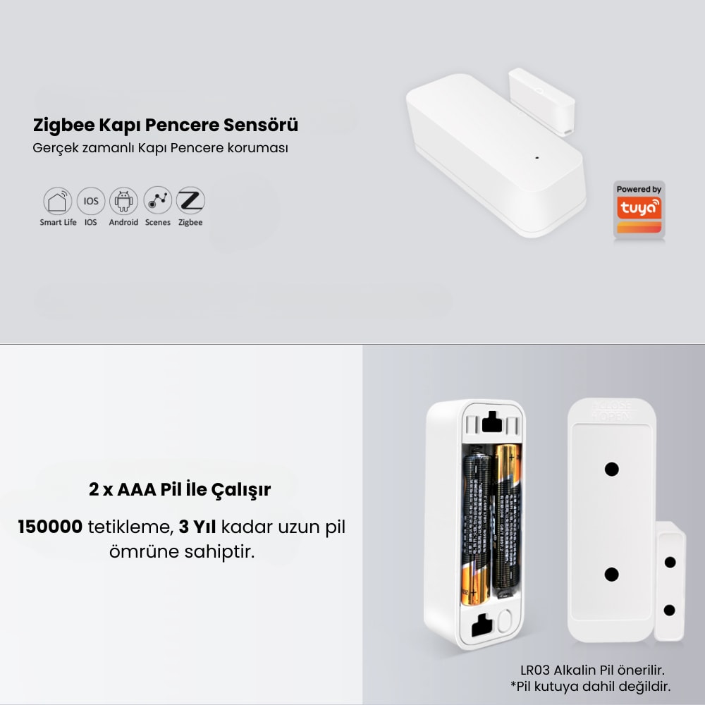 Zigbee Kapı Pencere Sensörü ( Tuya, Smart Life, Ewelink, Zigbee2Mqtt, Homeassistant Uyumlu )