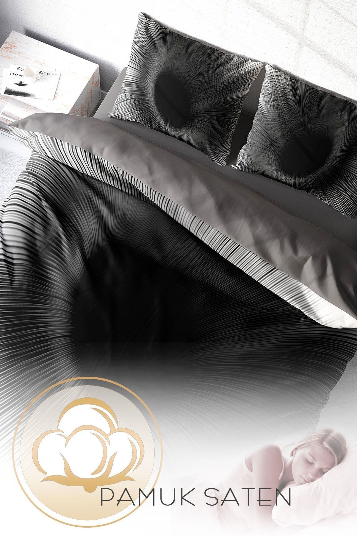 Gray Wortex 3d Pamuk Saten Çift Kişilik Nevresim Takımı