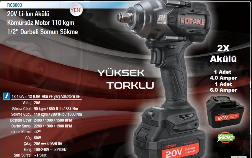 RC8803 1/2 20 Volt Akülü Darbeli Somun Sıkma 1080 Nm
