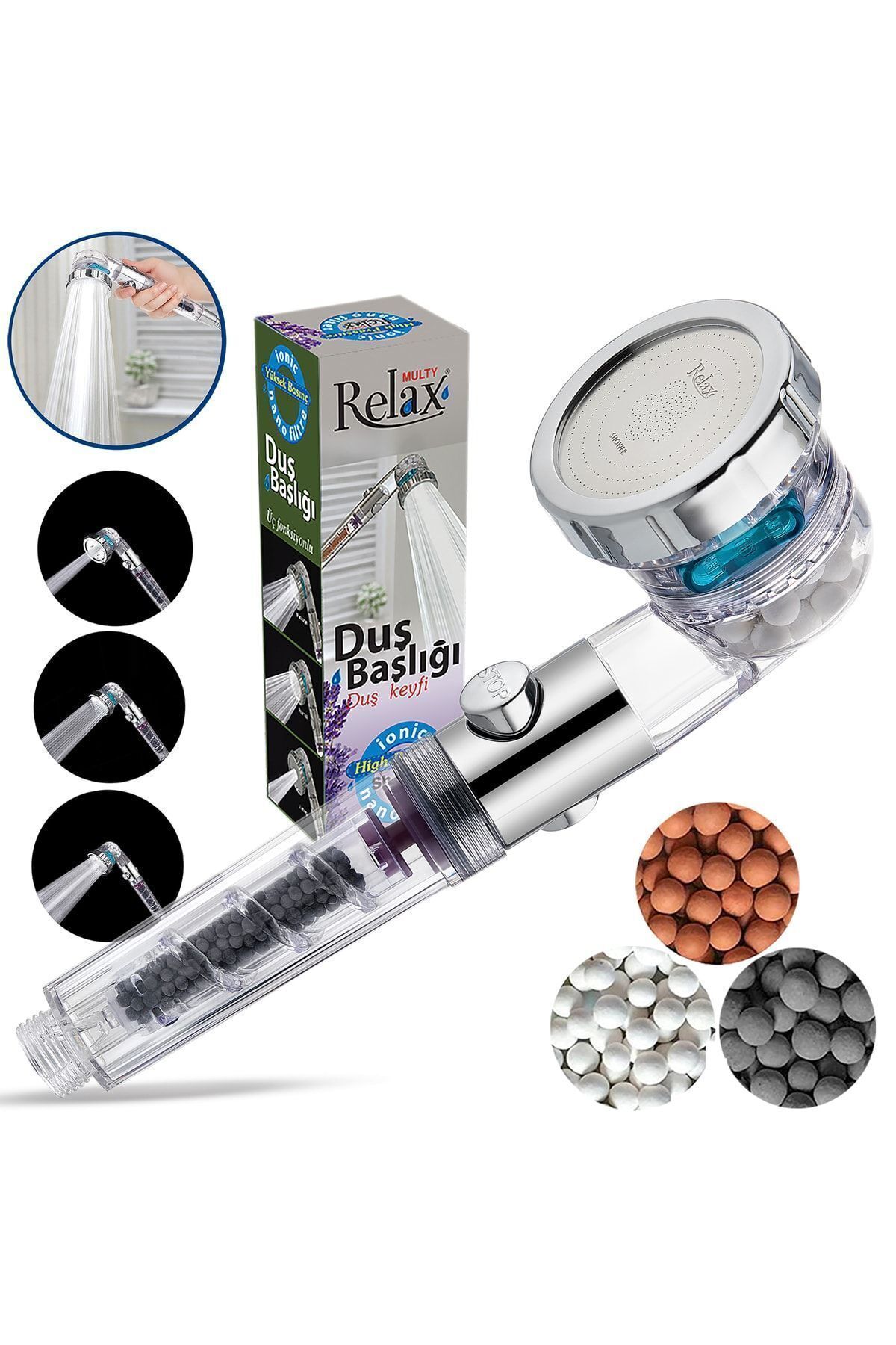 Relax Multy Üç Fonksiyonlu Ayarlı On-off Düğmeli Filtreli Mineralli Tasarruflu Basınçlı Duş Başlığı