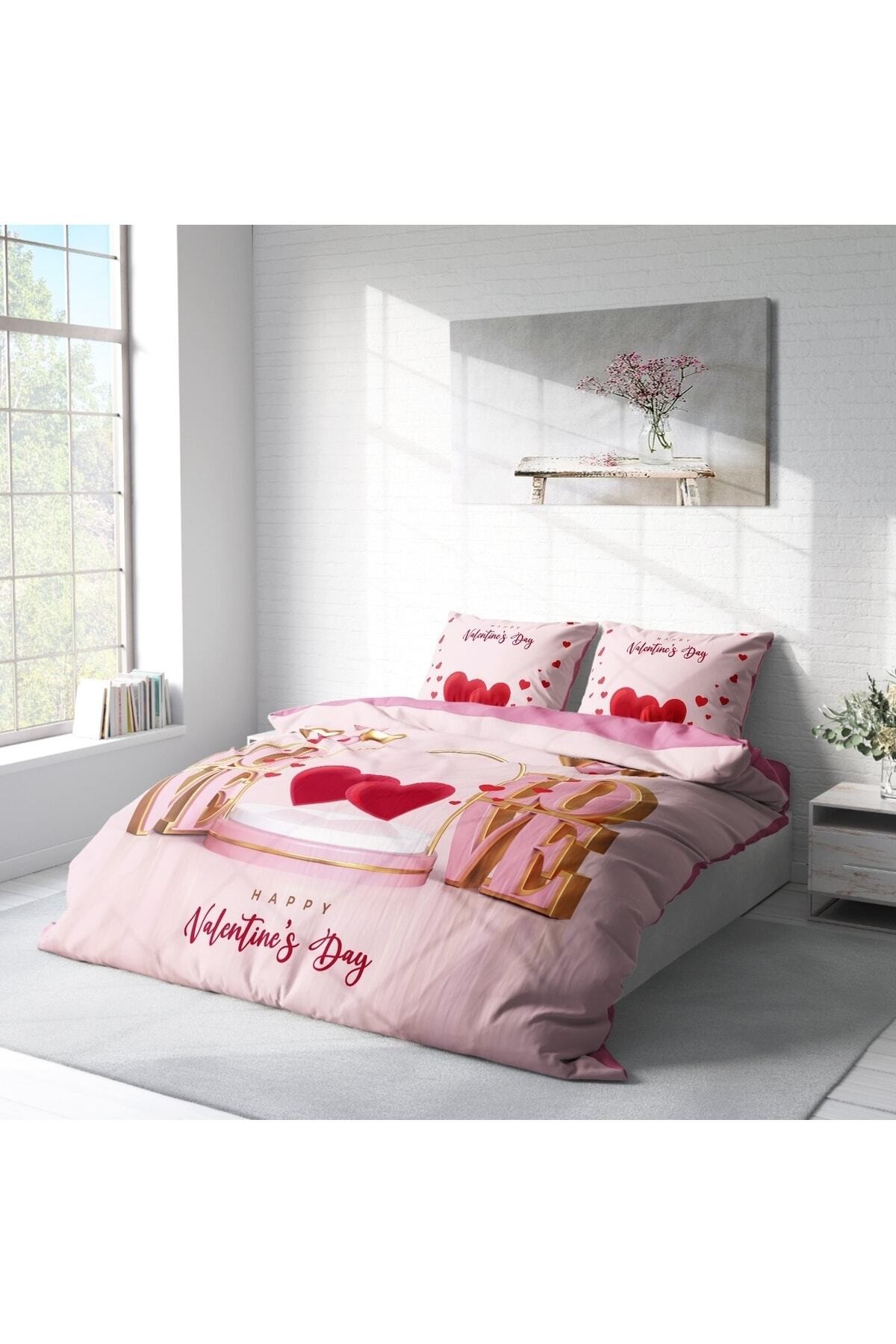 Kıng Sıze Sevgililer Günü Pamuk Saten Çift Kişilik Nevresim Takımı Happy Valentine's Day 220x240cm