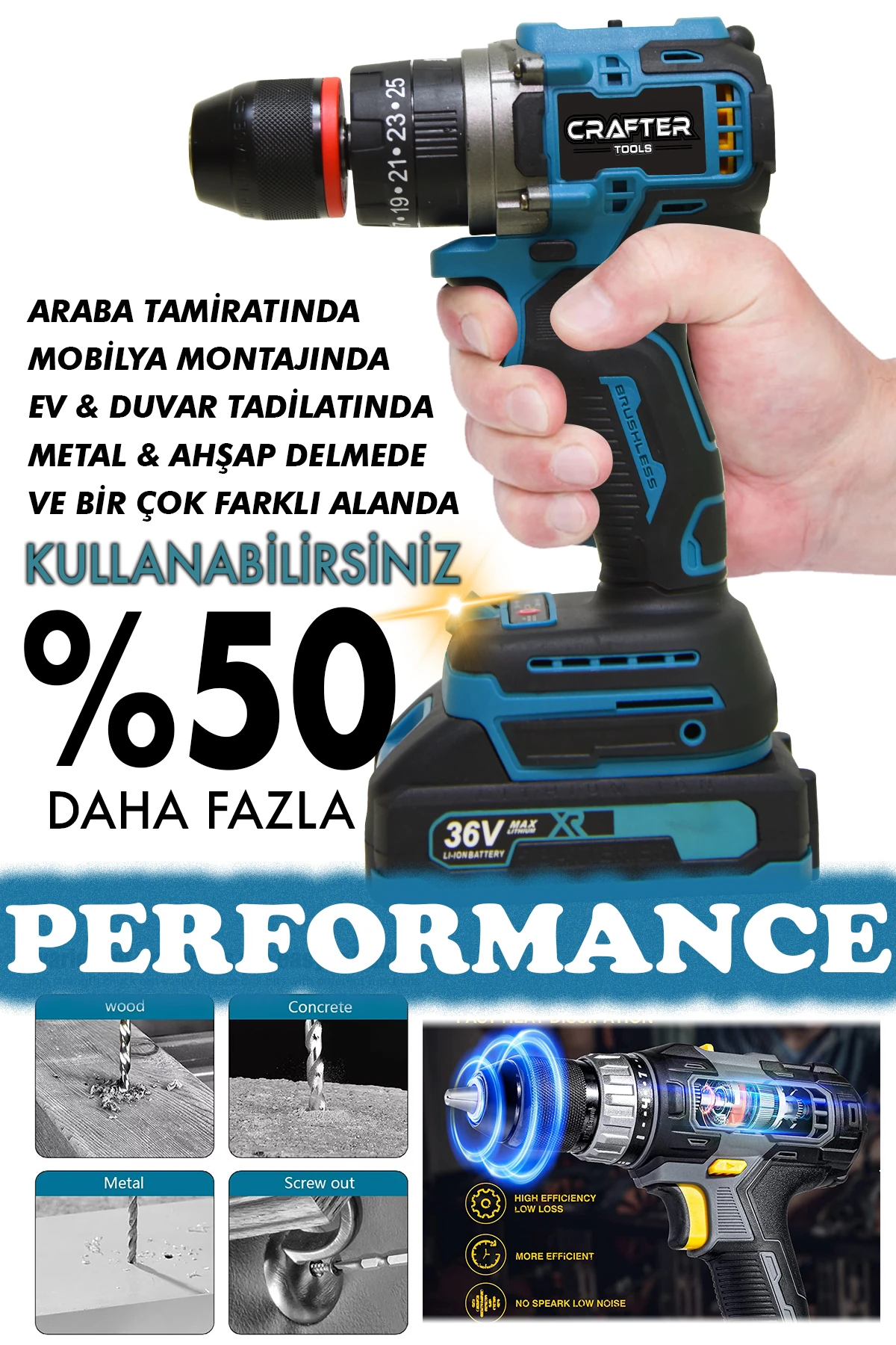 36V 5Ah Kömürsüz Motor Çelik Mandren Akülü Vidalama Darbeli Şarjlı Matkap Seti Mavi ALT100