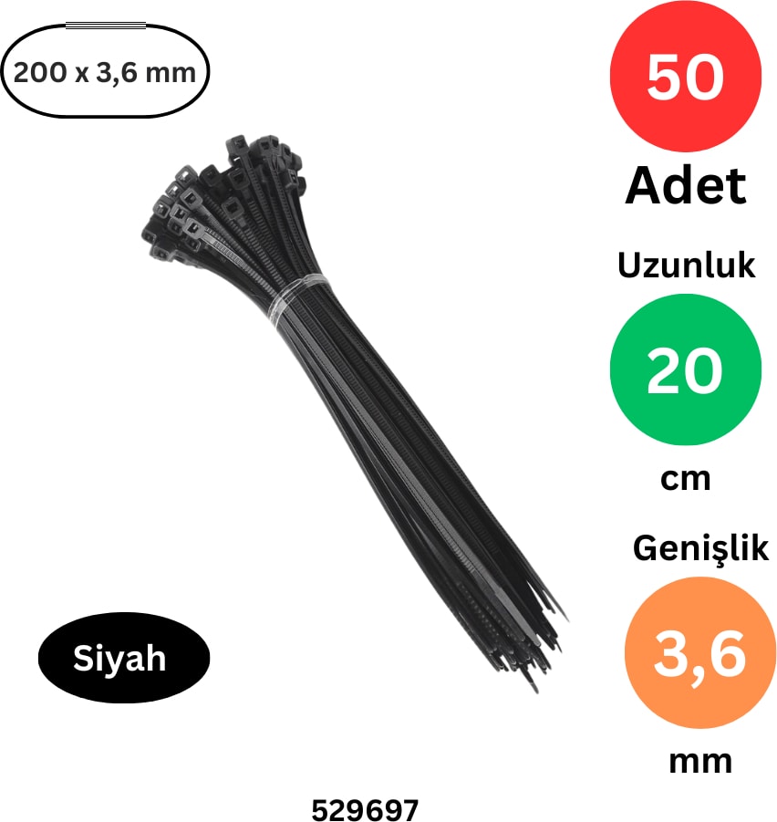 Plastik Kablo Bağı Klipsi Cırt Kelepçe 200 x 3.6 Siyah 50 adet