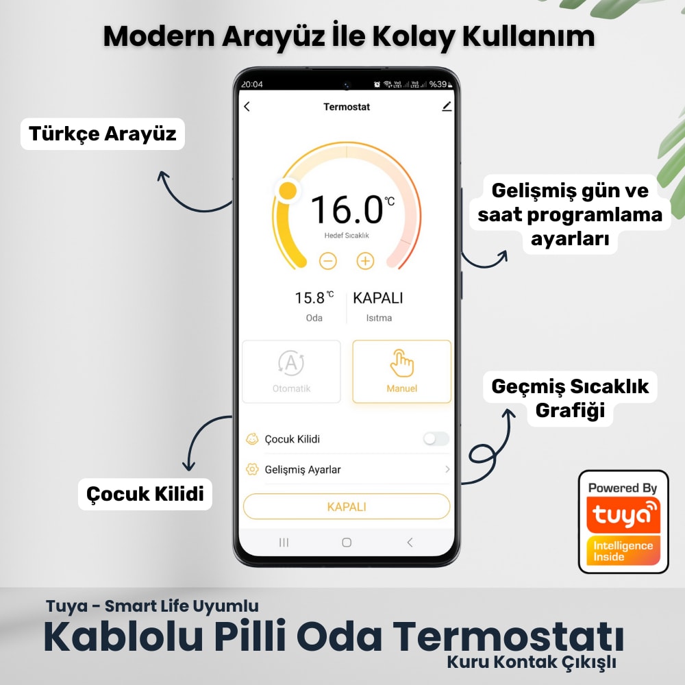 Wifi Pilli Kablolu Oda Termostatı ( Tuya, Smart Life Uyumlu )