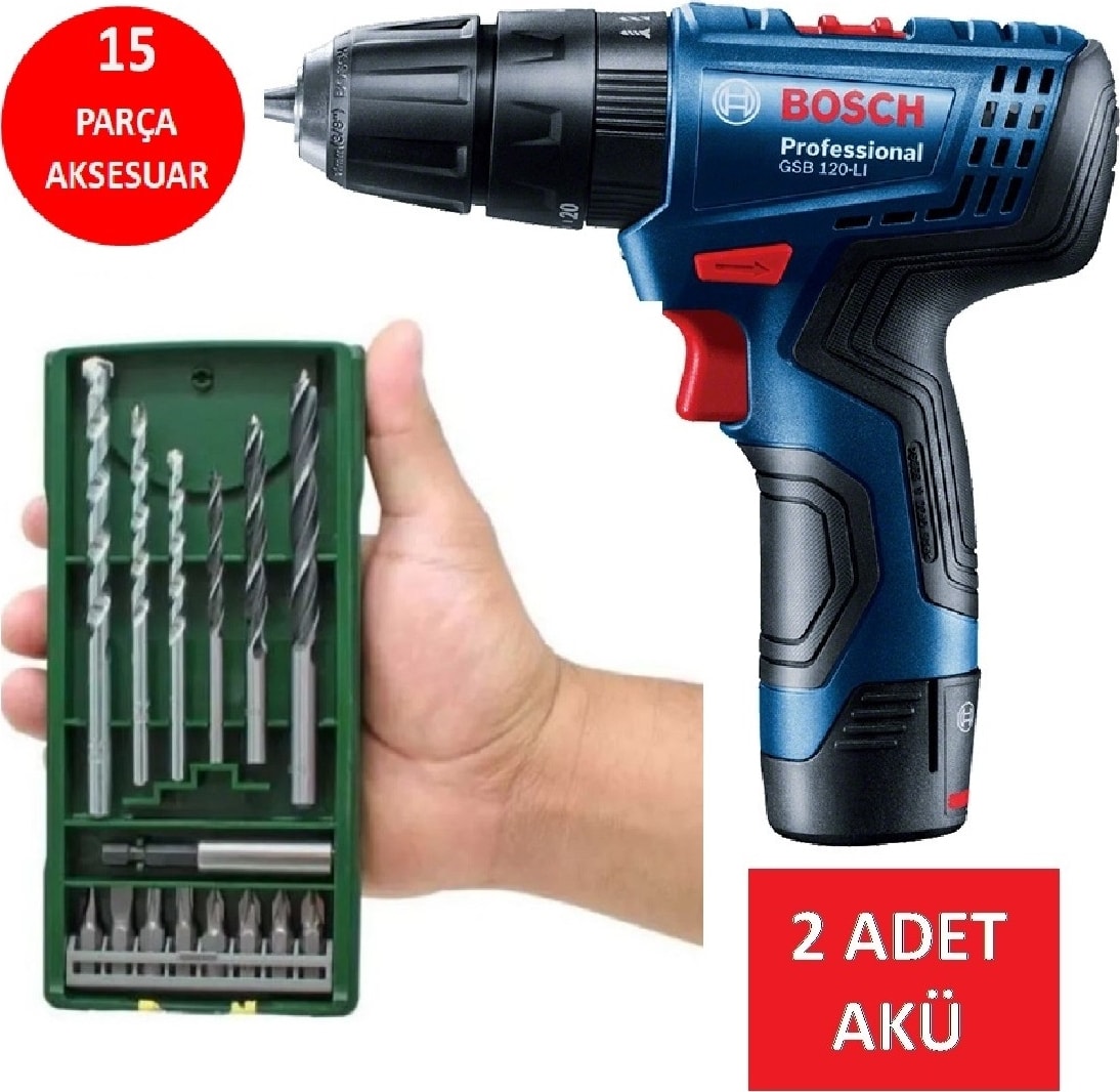 Darbeli Matkap Çift Akülü Şarjlı Matkap Akülü Vidalama + 15 Parça Matkap Ucu Vidalama Ucu