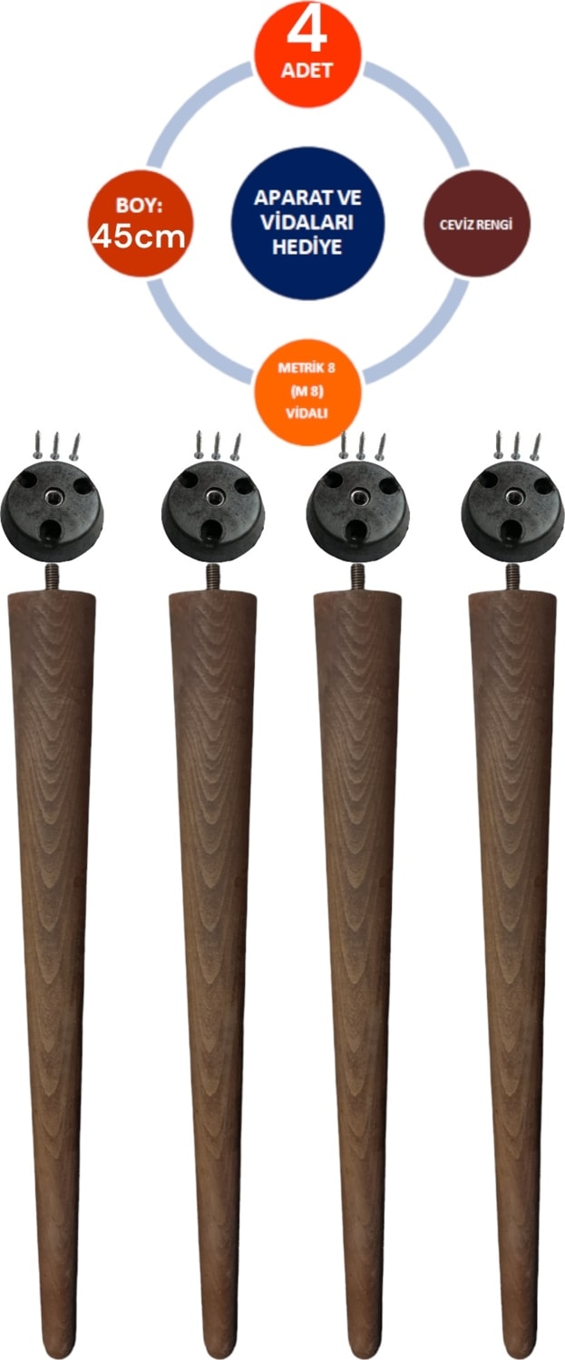 4'lü Ceviz 45 cm Ahşap Ayak Konik Masa-Sandalye-Tabure- Sehpa Ayağı Çap:4,6cm 3301000000667