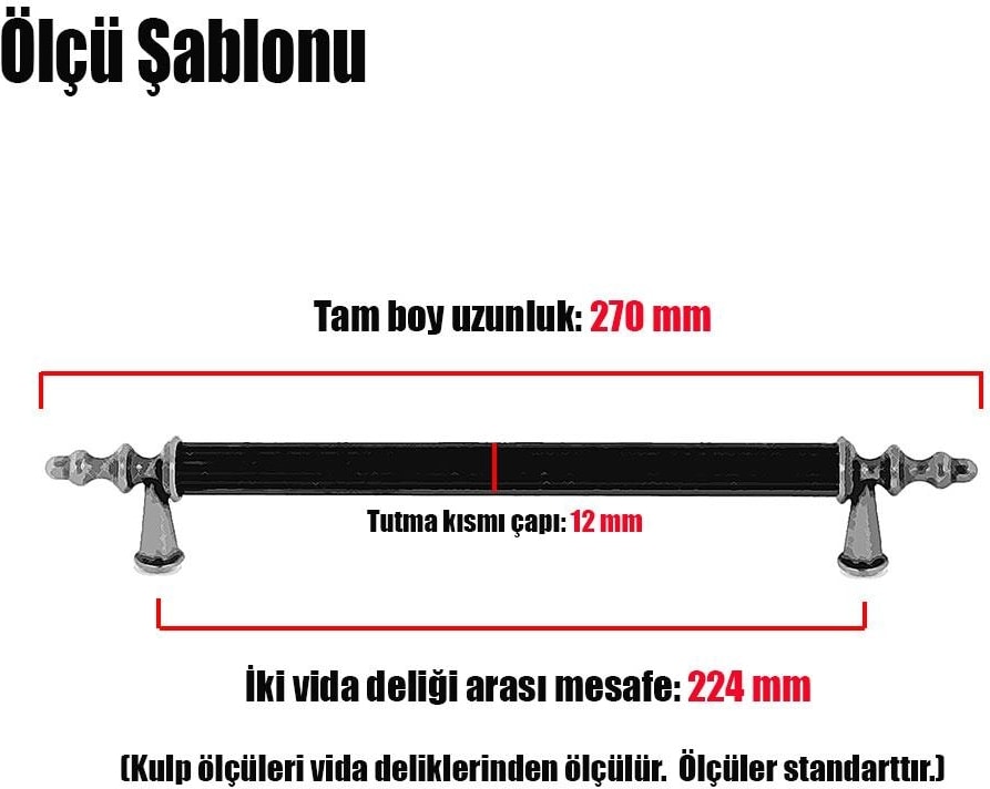 Ovacık (224 mm - 22.4 cm) Mat Siyah Metal Mobilya Mutfak Çekmece Dolap Kapak Kulpu Kulbu Kulpları
