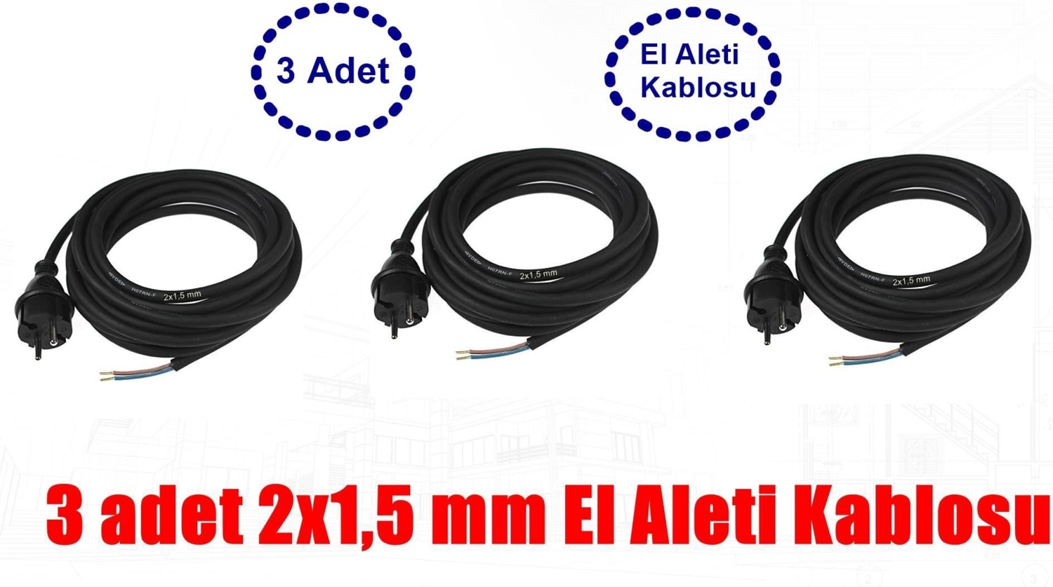 3 Adet El Aleti Kablosu Fişli Kablo 2x1,5 mm 3,8mt.