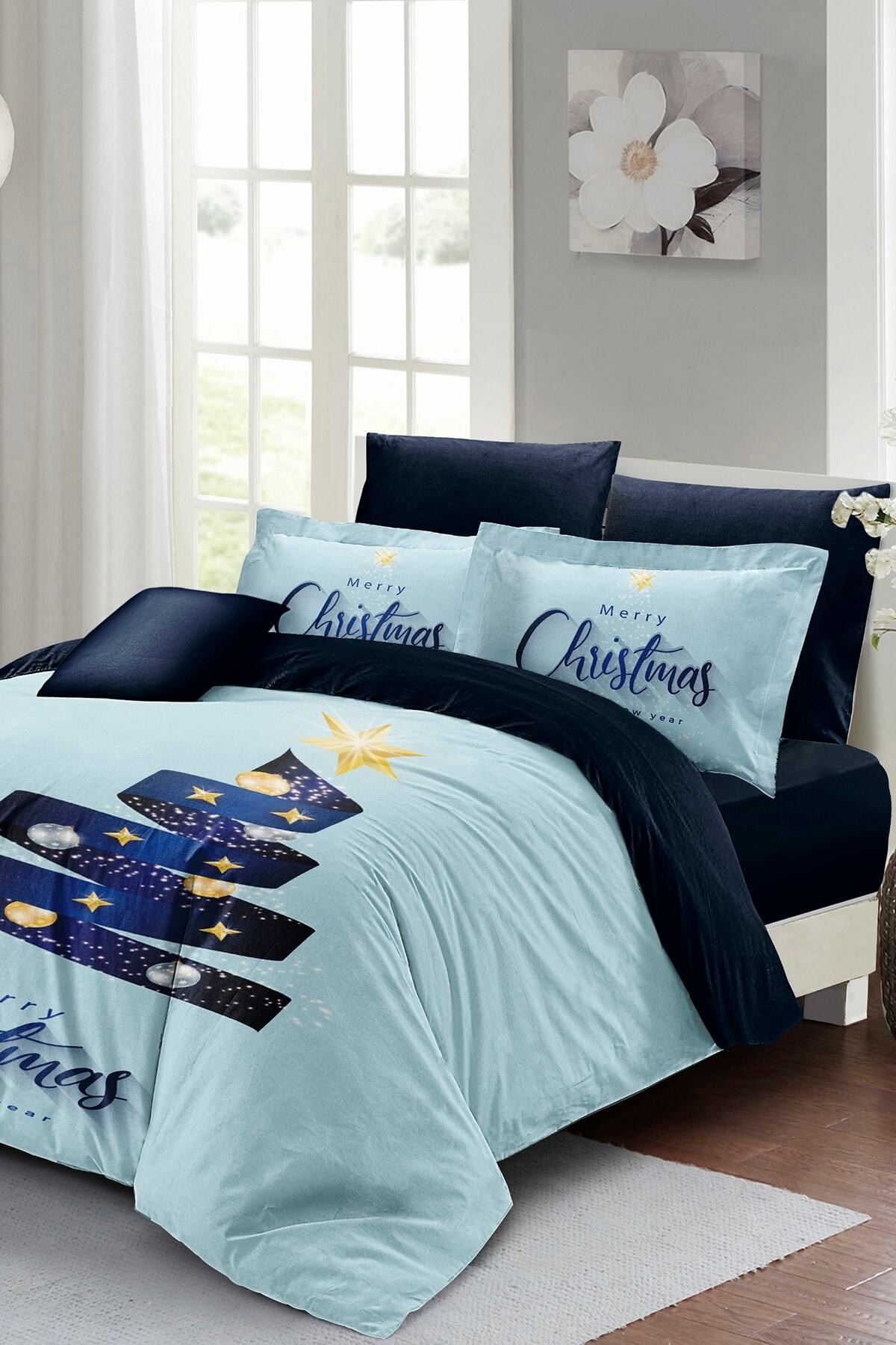 Kıng Sıze Yılbaşı Süsü Blue Star Noel %100 Pamuk Saten 3d Çift Kişilik Nevresim Takımı 220x240cm