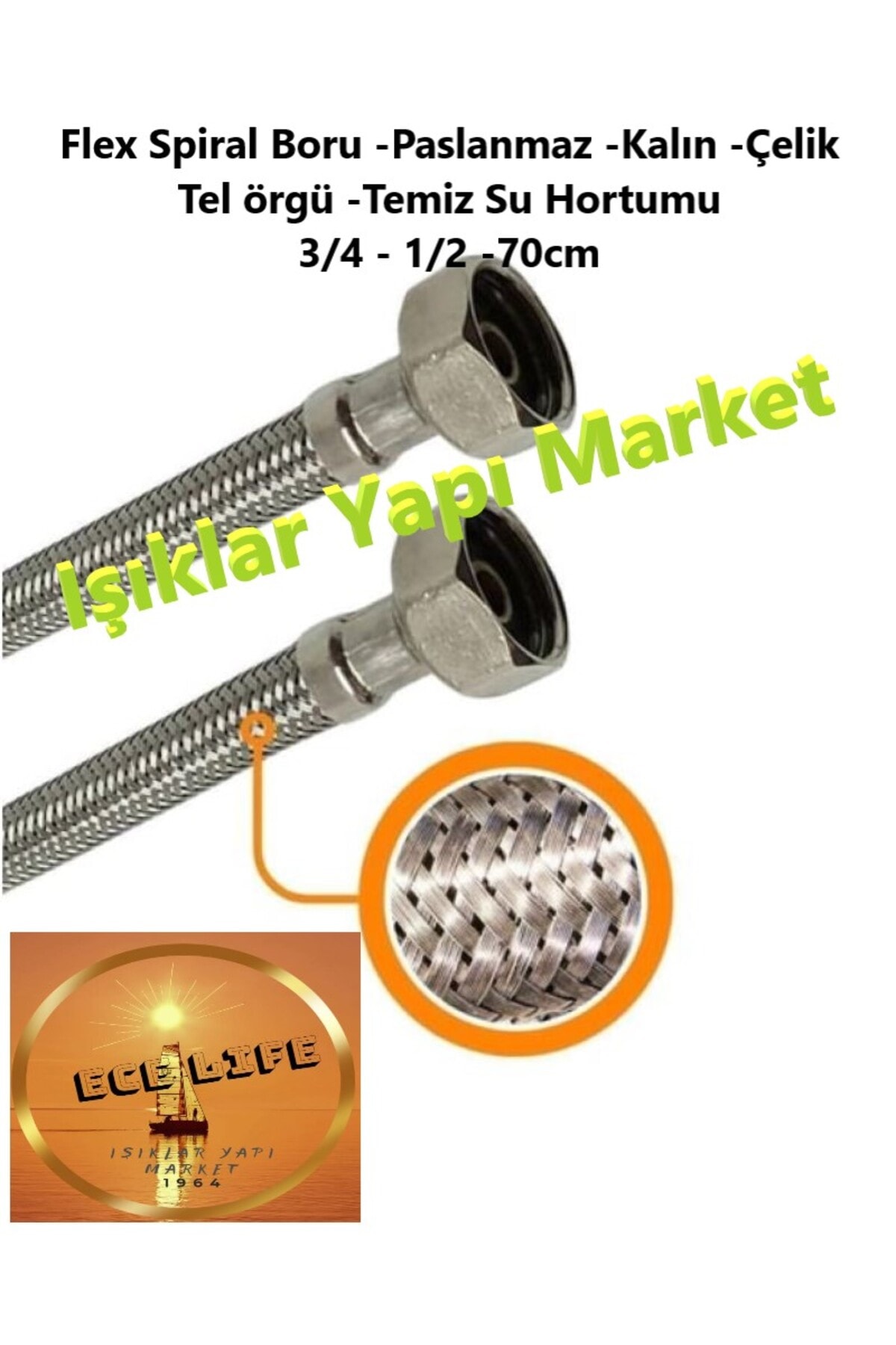 Flex Spiral Boru -Paslanmaz -Kalın -Çelik Tel örgü -Temiz Su Hortumu 3/4 - 1/2 -70cm