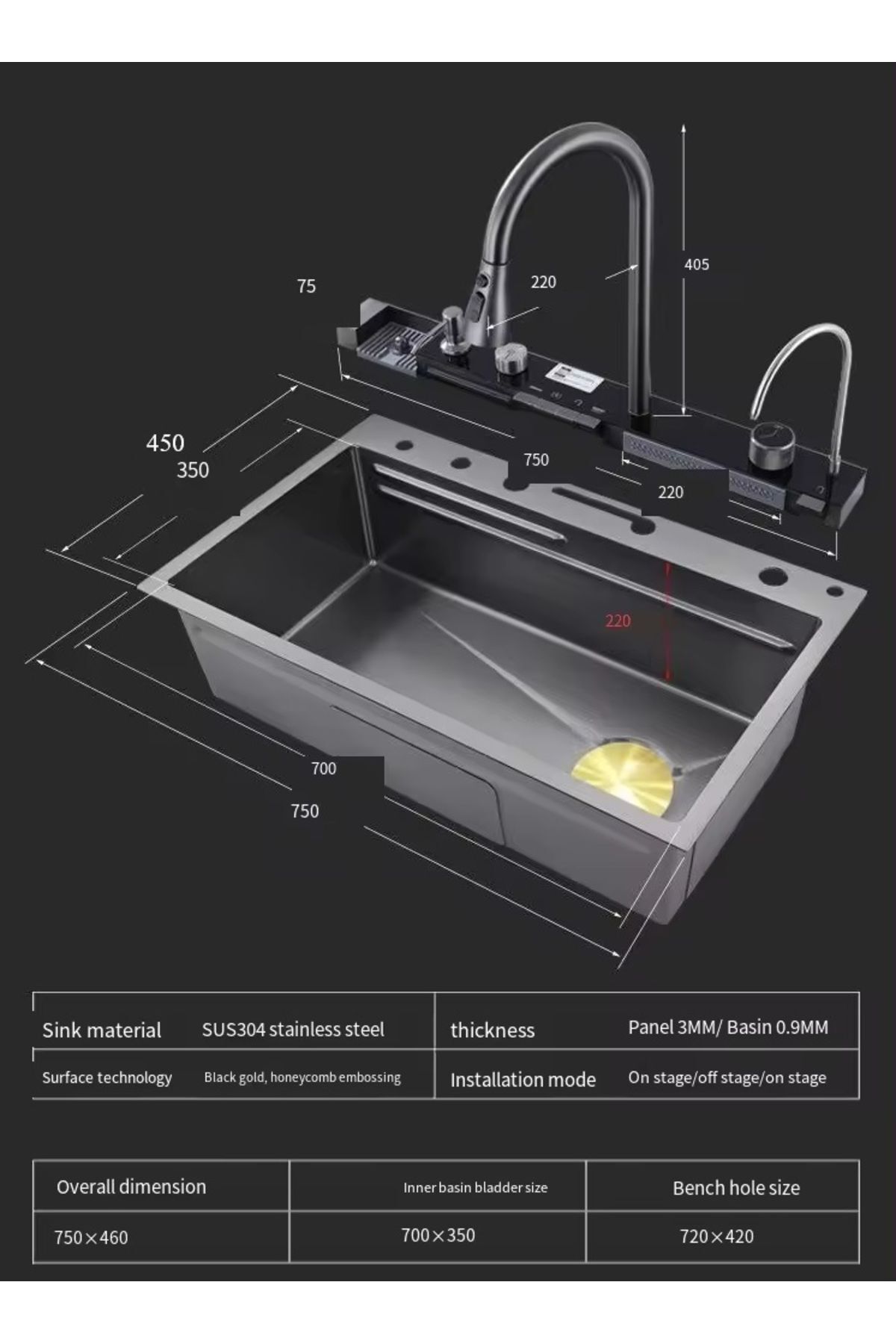 Dijital Göstergeli Piyano Tuşlu Çok Fonksiyonlu Fonksiyonel Şelale Akıllı Evye Batarya Seti