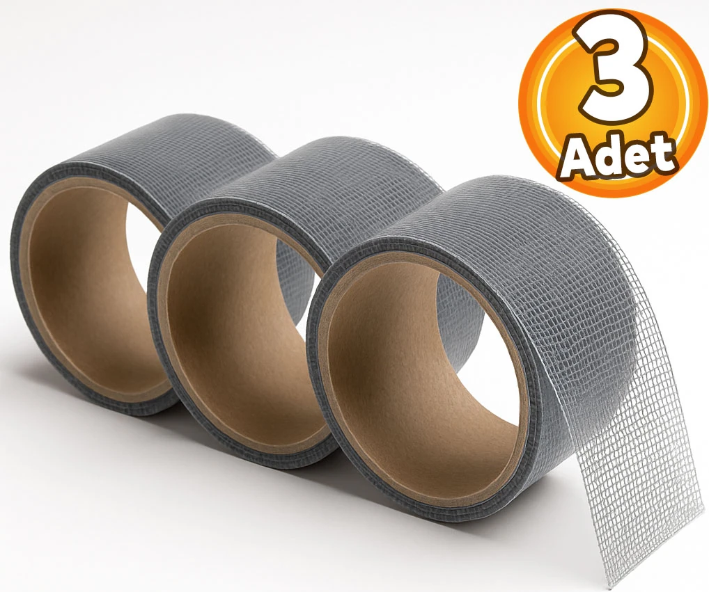 48 mm x 2 Metre (3 Adet) Yapışkanlı Sineklik Tülü Tamir Bandı Yaması Bantı Kopmuş Delik Fiber Tül Yapıştırma Gri