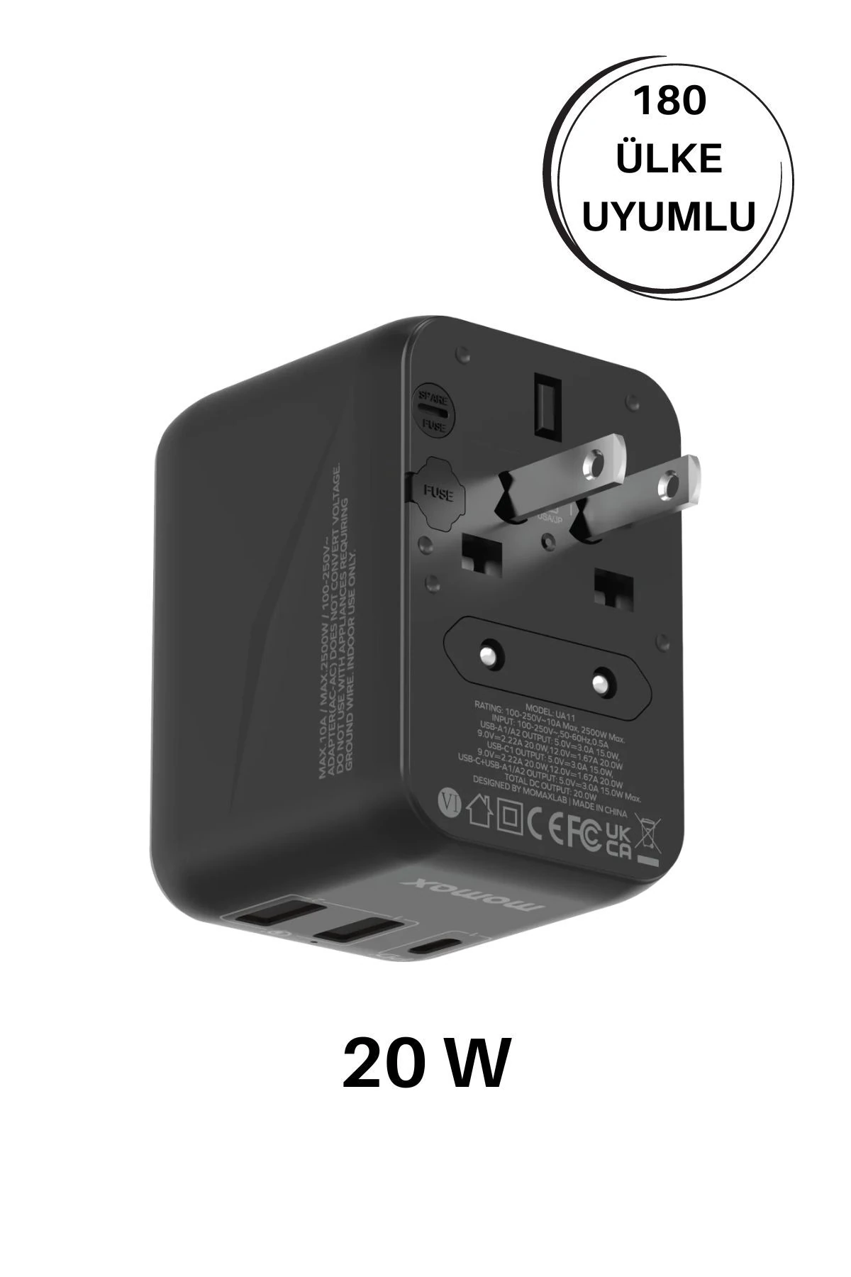 20W 1-World 5-Port AC Seyahat Piriz Dönüştürücü Charger (BLACK)
