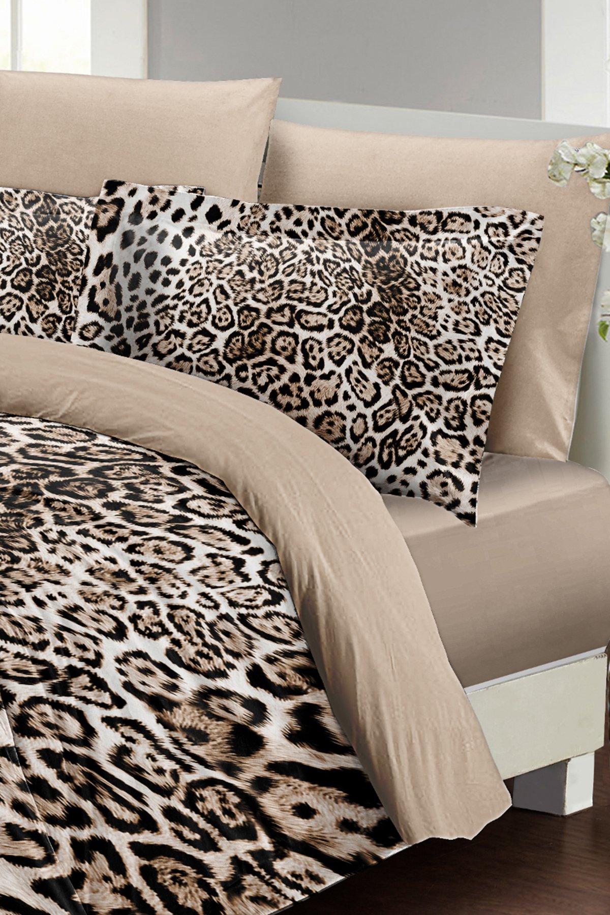 Kıng Sıze %100 Pamuk Saten Çift Kişilik Nevresim Takımı Classical Leopard 220x240cm