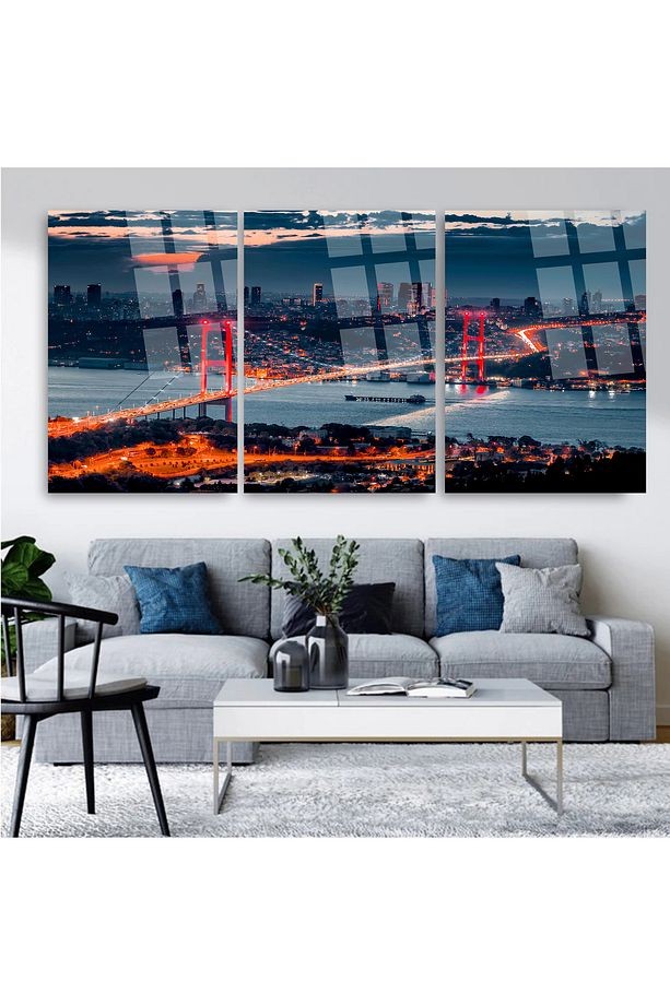 3 PARÇA HARİKA İSTANBUL MANZARASI SET MODERN TABLO ULTRA CANLI RENKLİ KIRILMAZ CAM TABLO EV HEDİYESİ
