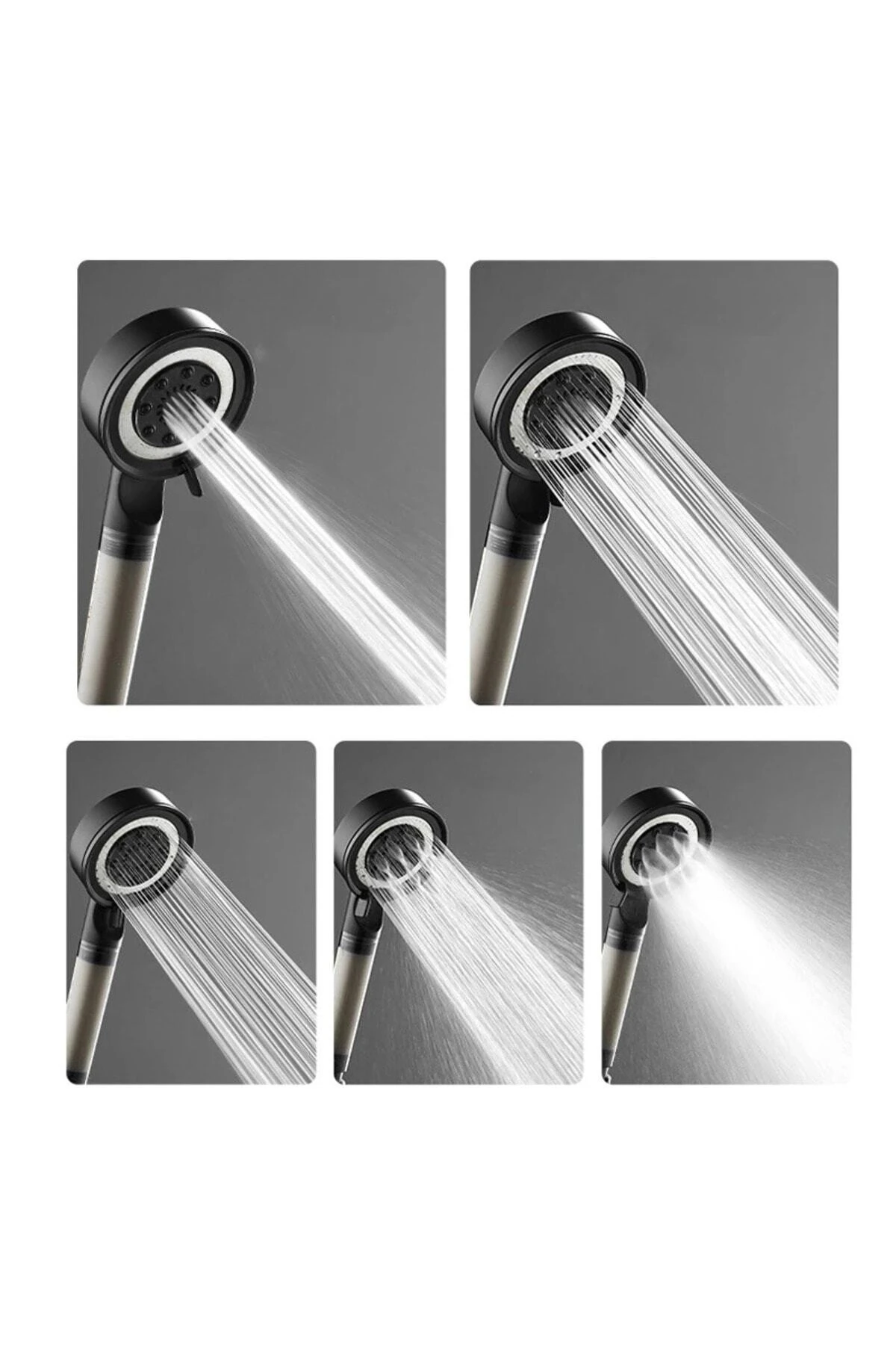 Filtreli Beyaz Çelik 5 Fonksiyonlu Duş Başlığı Seti – 150 cm Pvc Gri Hortum 3 Parça