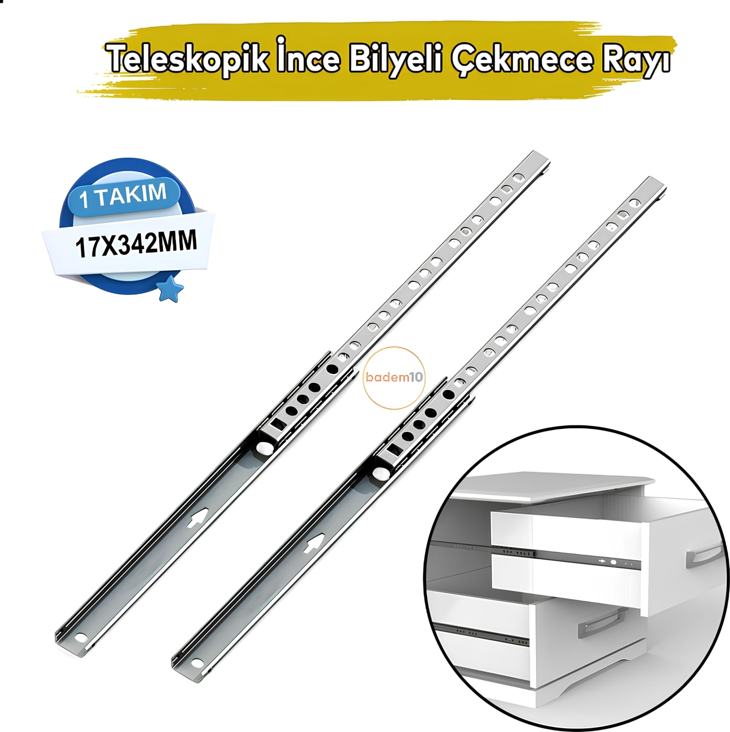 Teleskobik Ince Bilyeli Bilyalı Dolap Çekmece Rayı Sürgüsü Metal En 1.7 cm 17 mm Uzunluk 34.2 cm 342