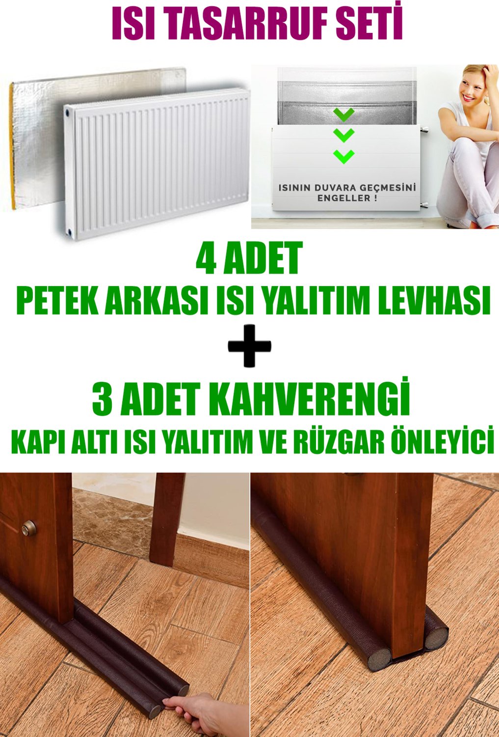 Ankaflex 4 Adet Kalorifer Peteği Arkası Isı Yalıtım Levhası ve 3 Adet Kapı Altı Rüzgar ve Ses Önleyici