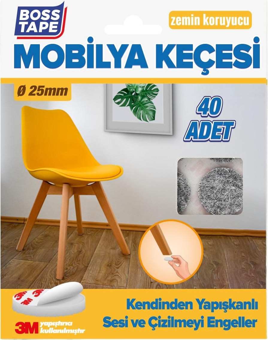 3M Yapışkanlı 40 Adet 25MM Gri Mobilya Sandalye Masa Ayağı Keçesi