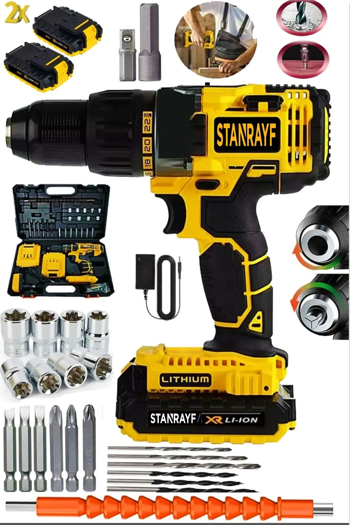 Alman H-tech MG 2450 Bakır Sargı Çift Çelik Şanzıman Çift Akülü Vidalama Şarjlı Matkap Prof Set