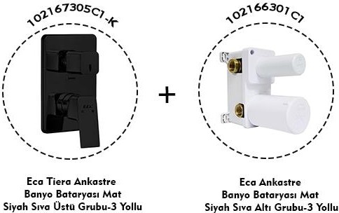 Tiera Ankastre Mat Siyah Banyo Bataryası 2 Parça Set / 3 Yollu