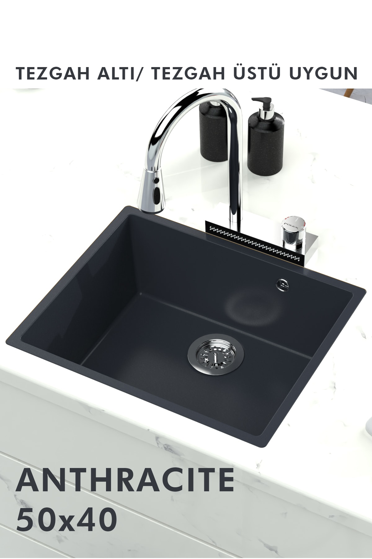 Granit Eviye Tek Gözlü Antrasit 50x40 Evye Kuvars Tezgah Altına Uygun