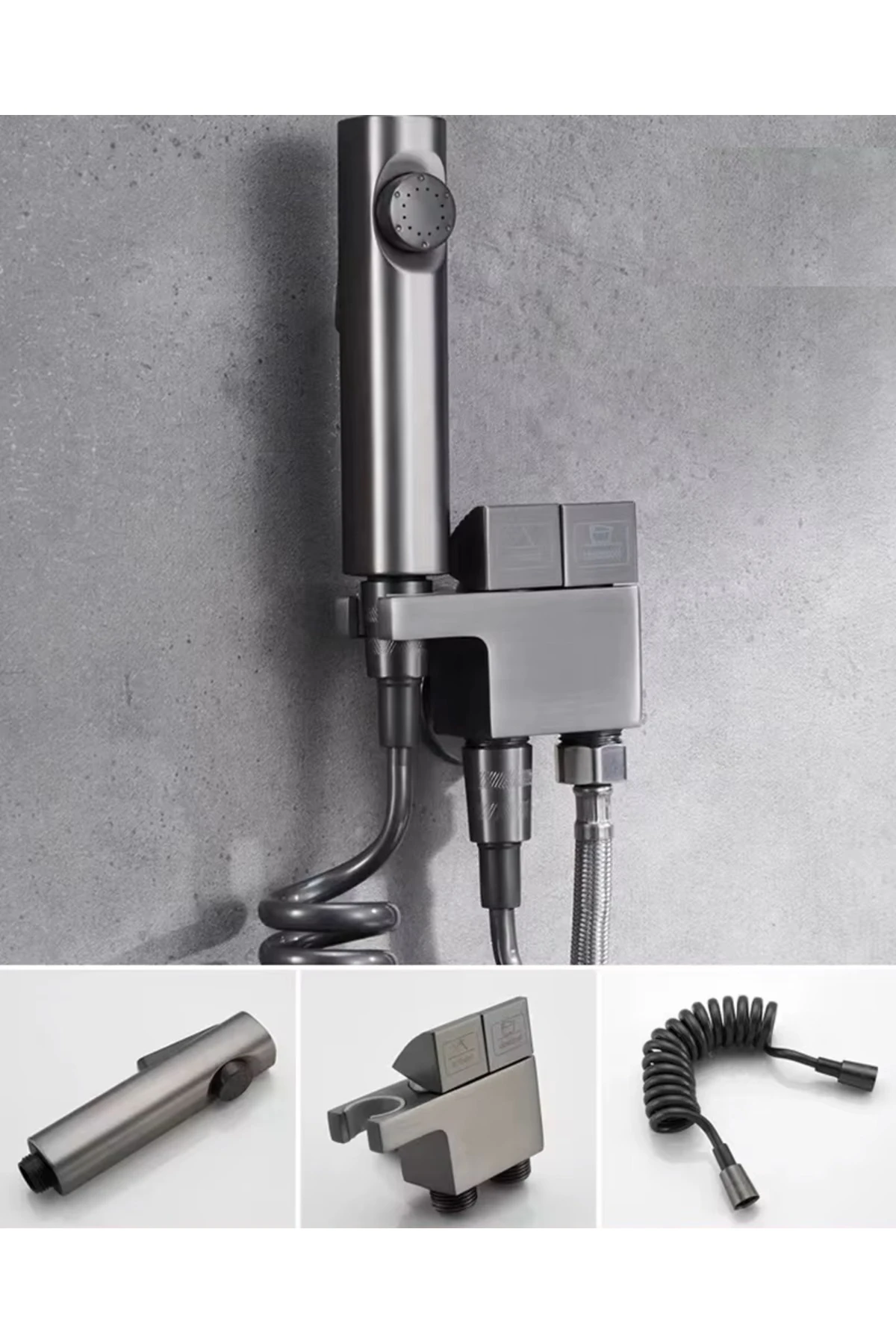 Banyo Bide Basınçlı Püskürtücü Taharet Musluğu Klozet Hortumu Antrasit Renk İthal 7 Yıl Garantili