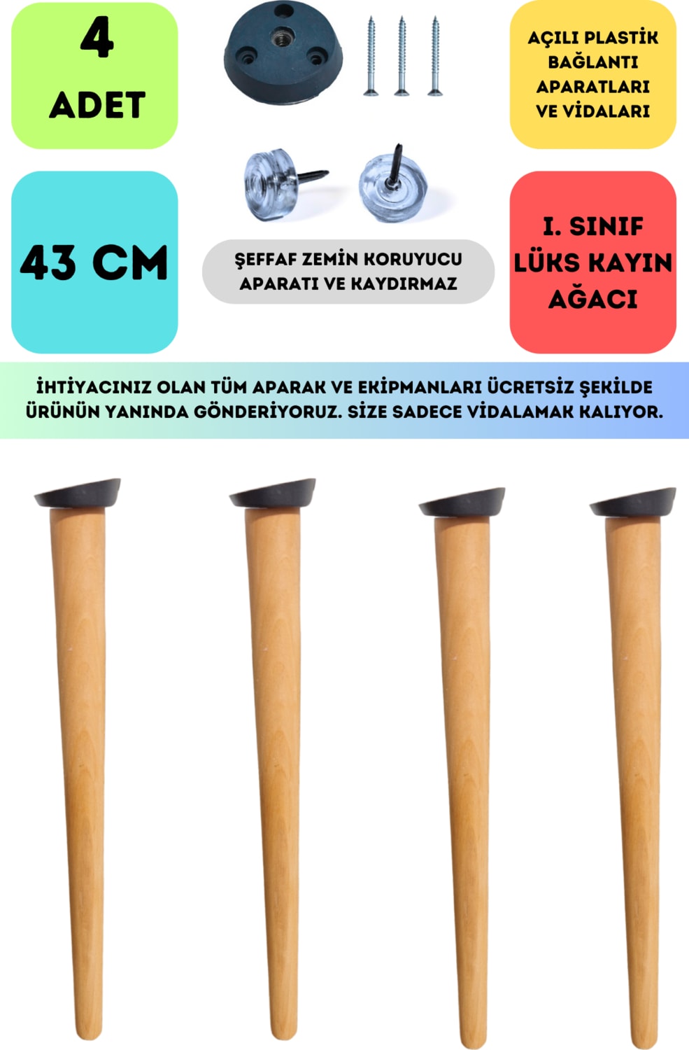 4'lü Konik Lüks Ahşap Ayak, Masa Ayağı, Sehpa Ayağı, Açılı Parat ve Vidalar 43 cm