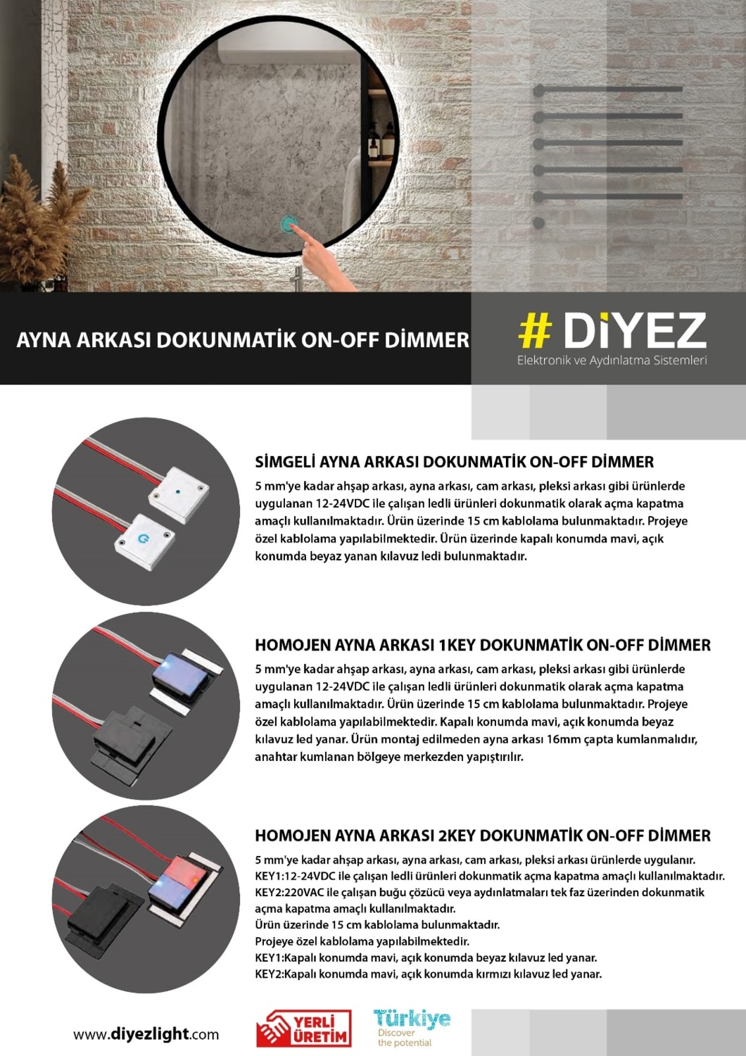Ayna Arkası On-Off Dimmer Dokunmatik Sensör 2 Key - 12-24V - 8,33A - 100W
