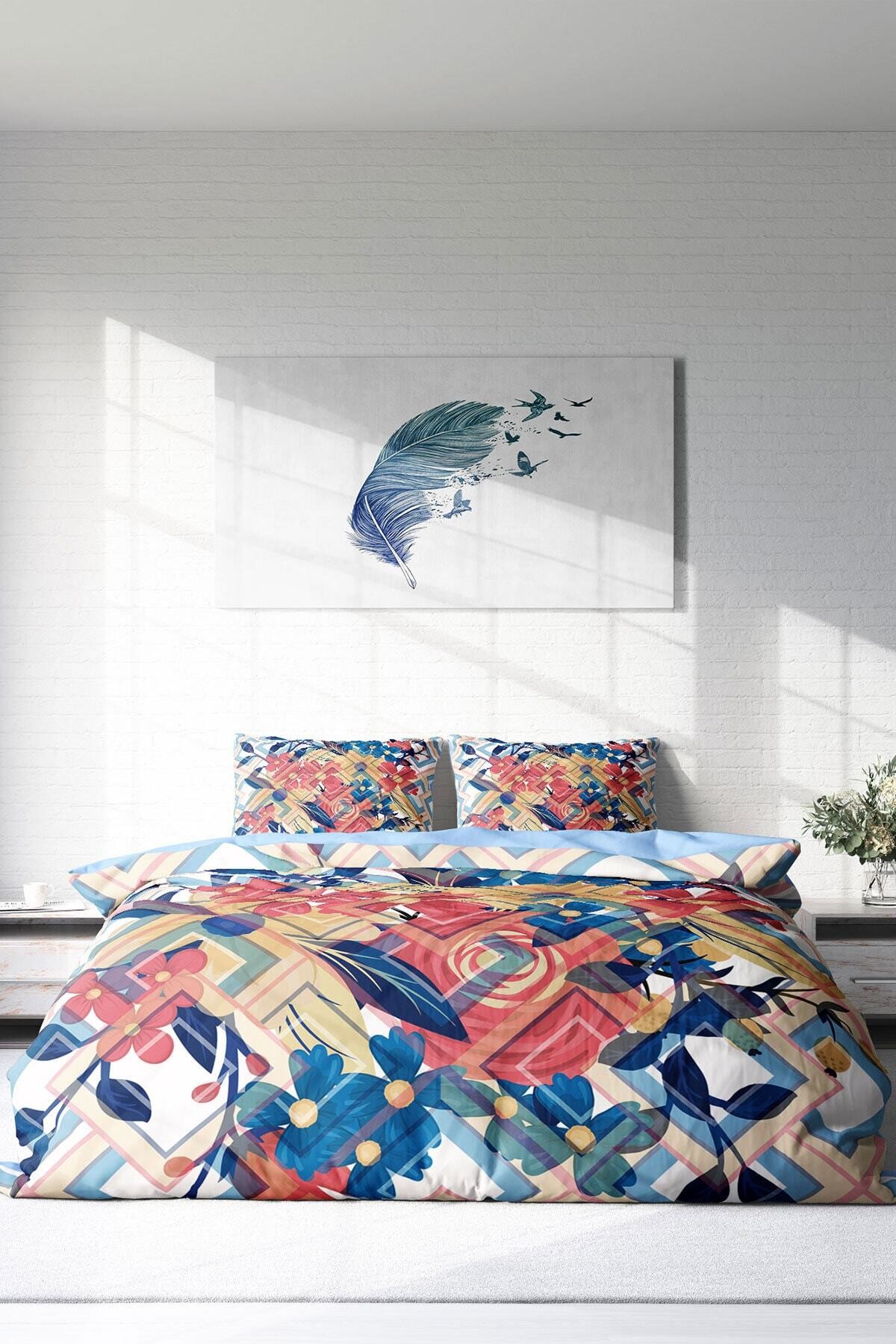 Kıng Sıze Geo Flowers 3d Pamuk Saten Çift Kişilik Nevresim Takımı 220x240cm