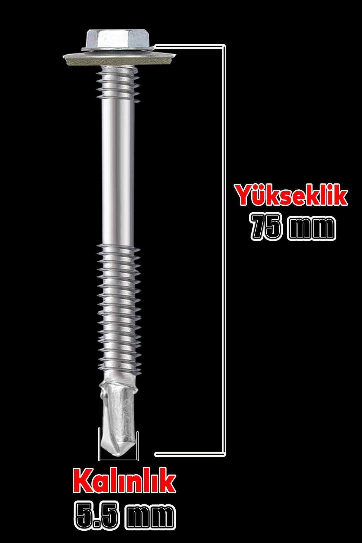 OZKUVVET Trapez Çatı Vidası 5.5x75 mm Paket 100 ADET Matkap Uçlu Sac Akıllı Vida Çatı Panel Metal Ağaç Vidası