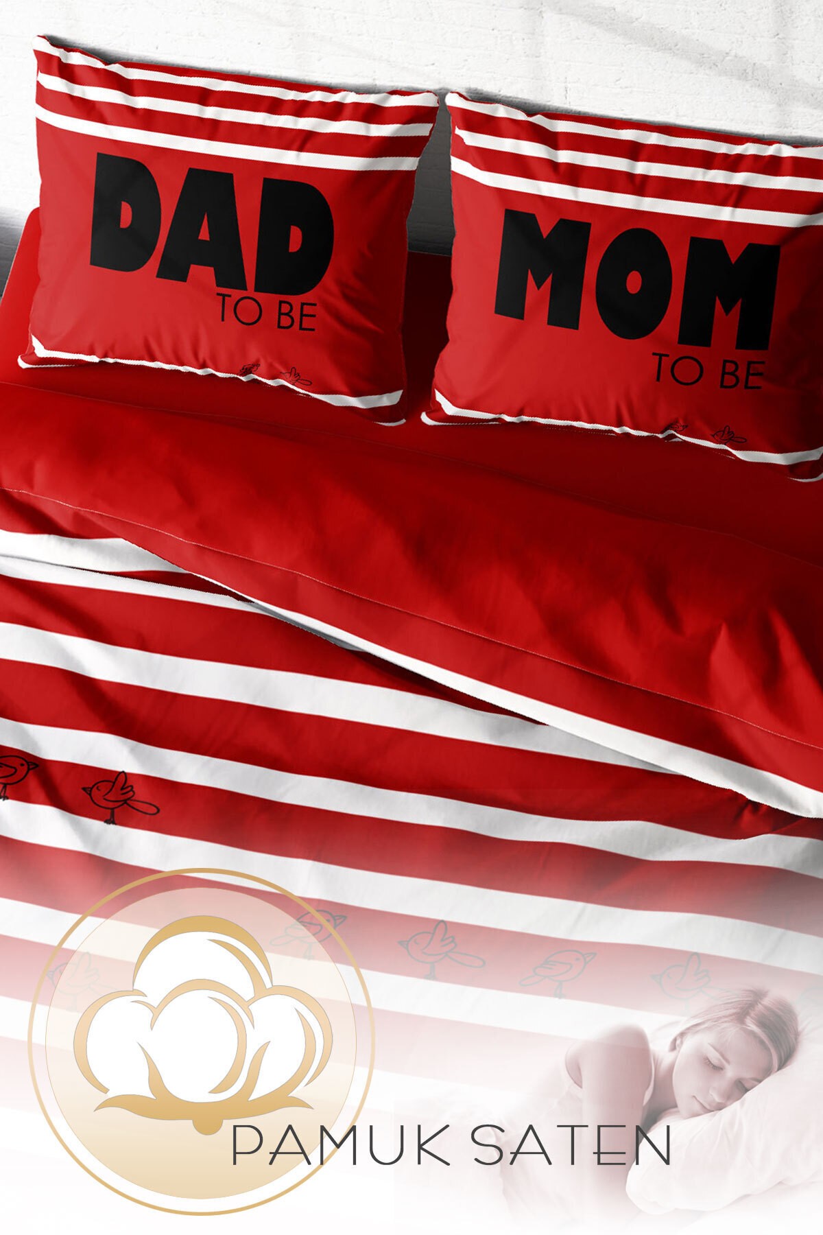 Lastikli Çarşaflı %100 Pamuk Saten Çift Kişilik Nevresim Takımı Mom & Dad