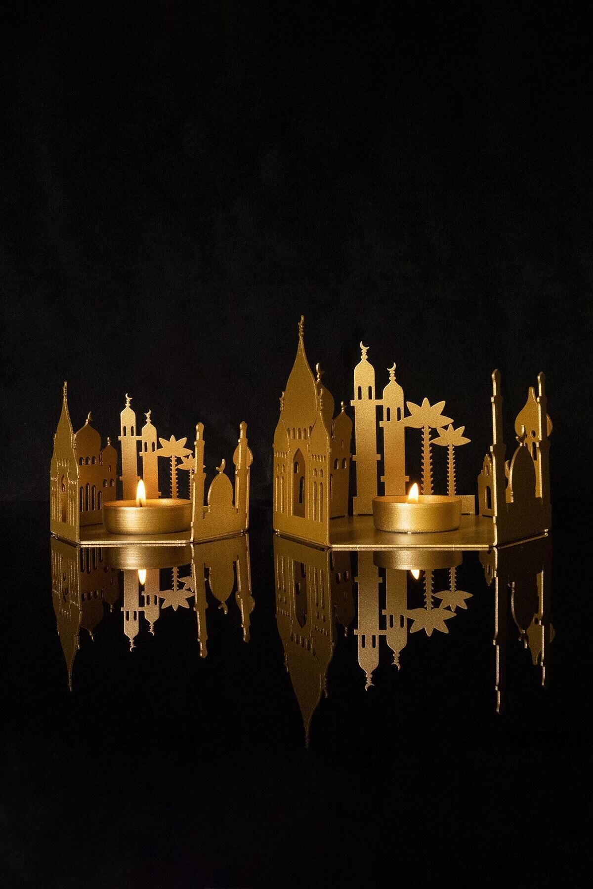 Cami Desenli Metal 2'li Masaüstü Mumluk Seti - Gold Dekoratif Mumluklar - Ramazan Süsleri - Wamh128