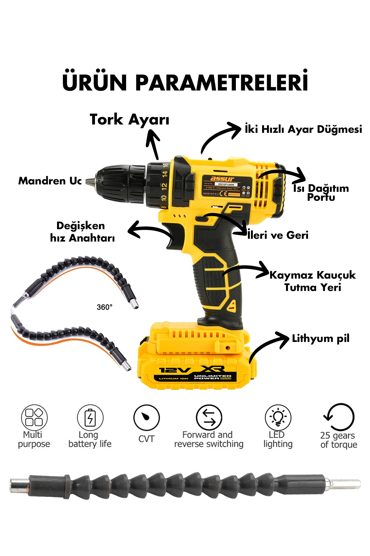 12v Metal Şanzıman Çift Akülü Bakır Sargı Şarjlı Matkap Akülü Vidalama