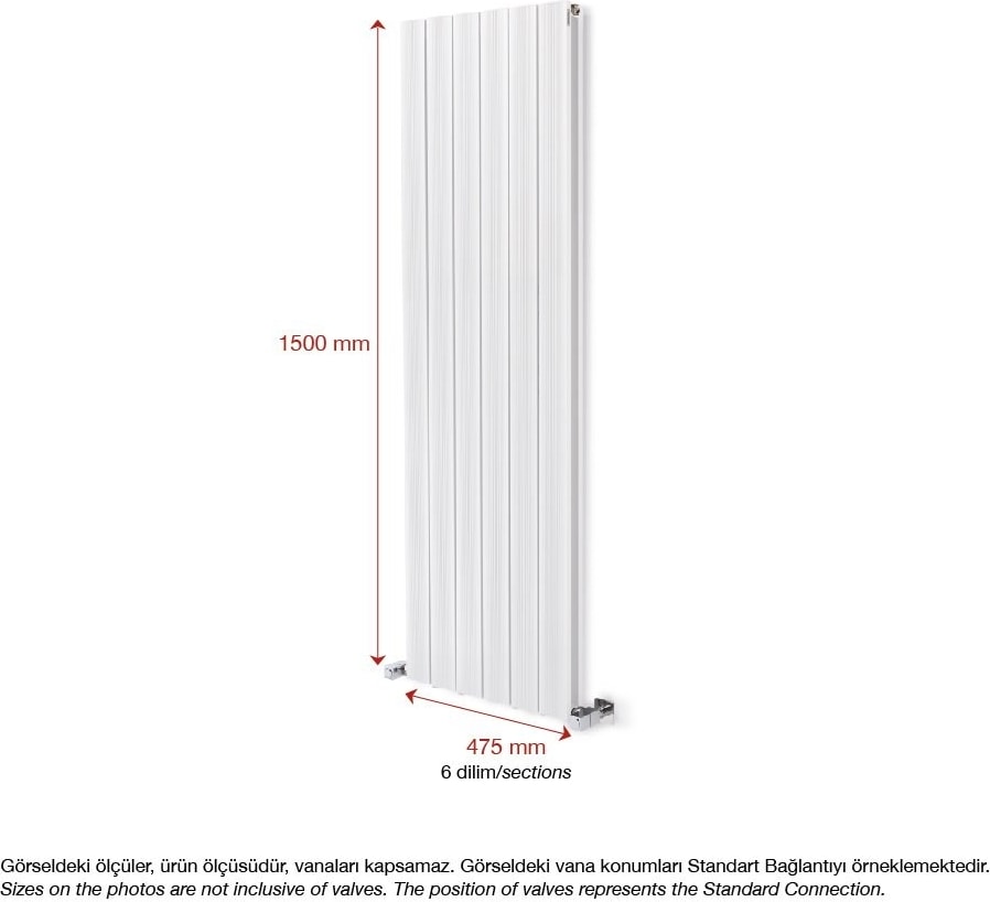 1500 x 475 MM Amber Dikey Beyaz Alüminyum Radyatör Standart Bağlantı