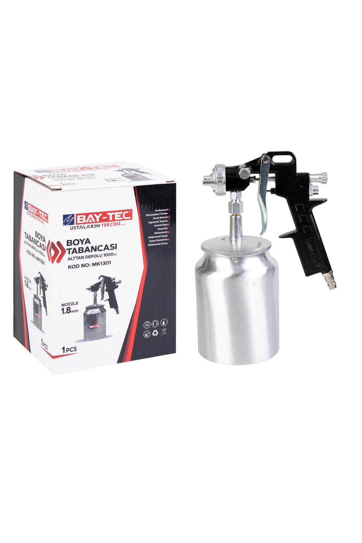 MK1301 Alttan Depolu Boya Tabancası – 1.8 mm Ayarlanabilir Nozul, 1000 cc Alüminyum Hazne