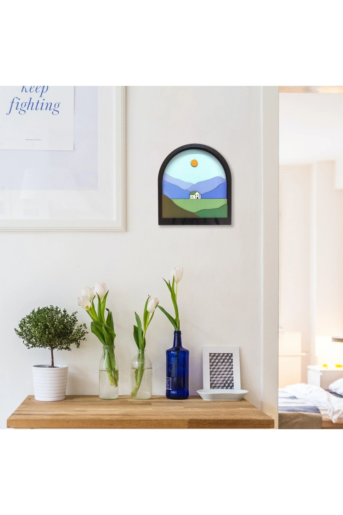 Ahşap Renkli Dağ Ova Ev 3d Kabartma Hol Askı Anahtarlık