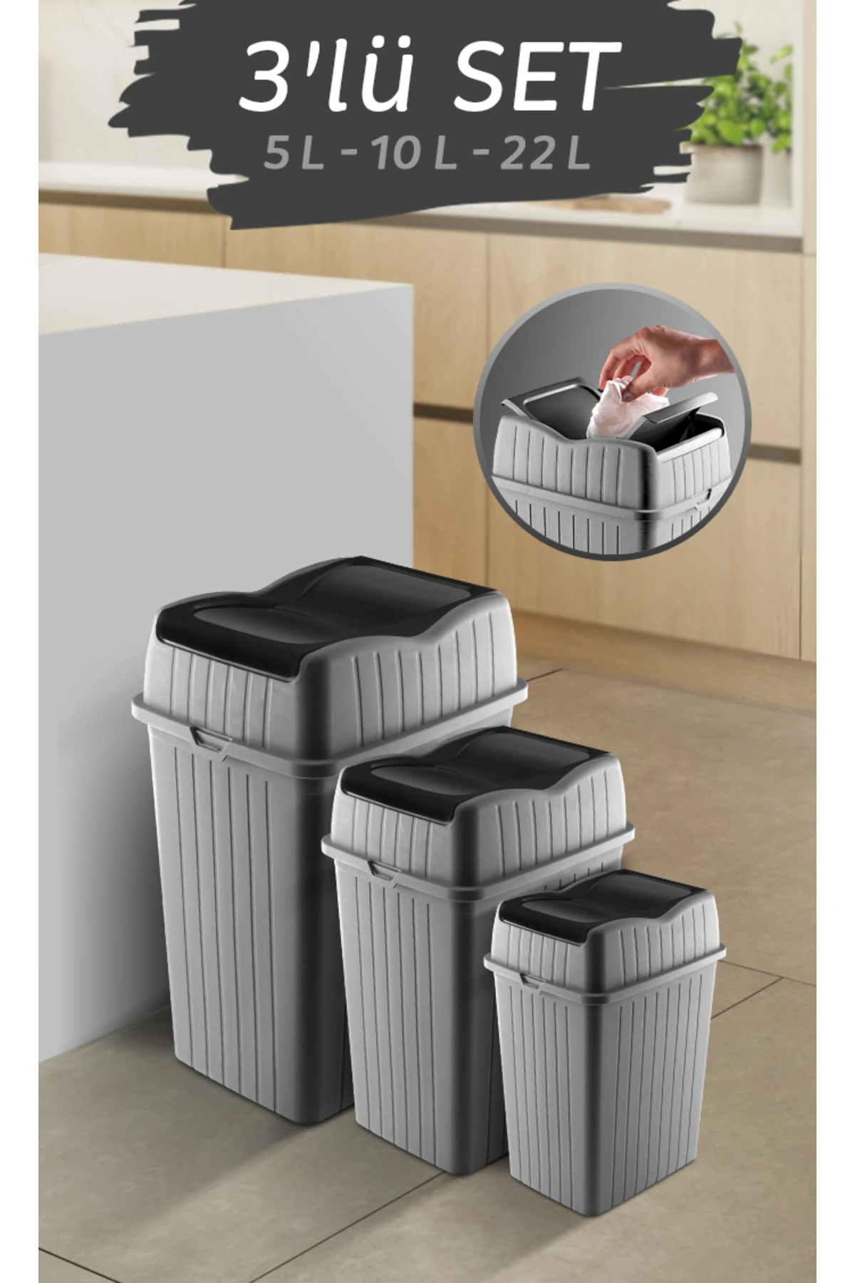 3'lü Çift Kapaklı Slim Çöp Kovası - Dekoratif Ev Ofis Banyo & Mutfak Düzenleyici Çöp Kutusu 5-10-22L
