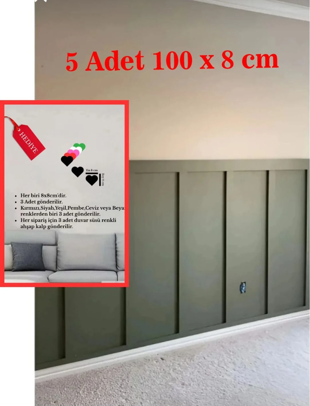 Renkli 5'li Duvar Çıtası, 100×8 Cm, Dekoratif ve Boyanabilir, Şık Tasarım