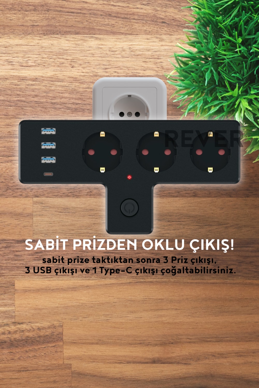 Akım Korumalı 3'lü Priz 3x USB / 1x Type-C / 3x Priz Duvar Tipi Çoğaltıcı