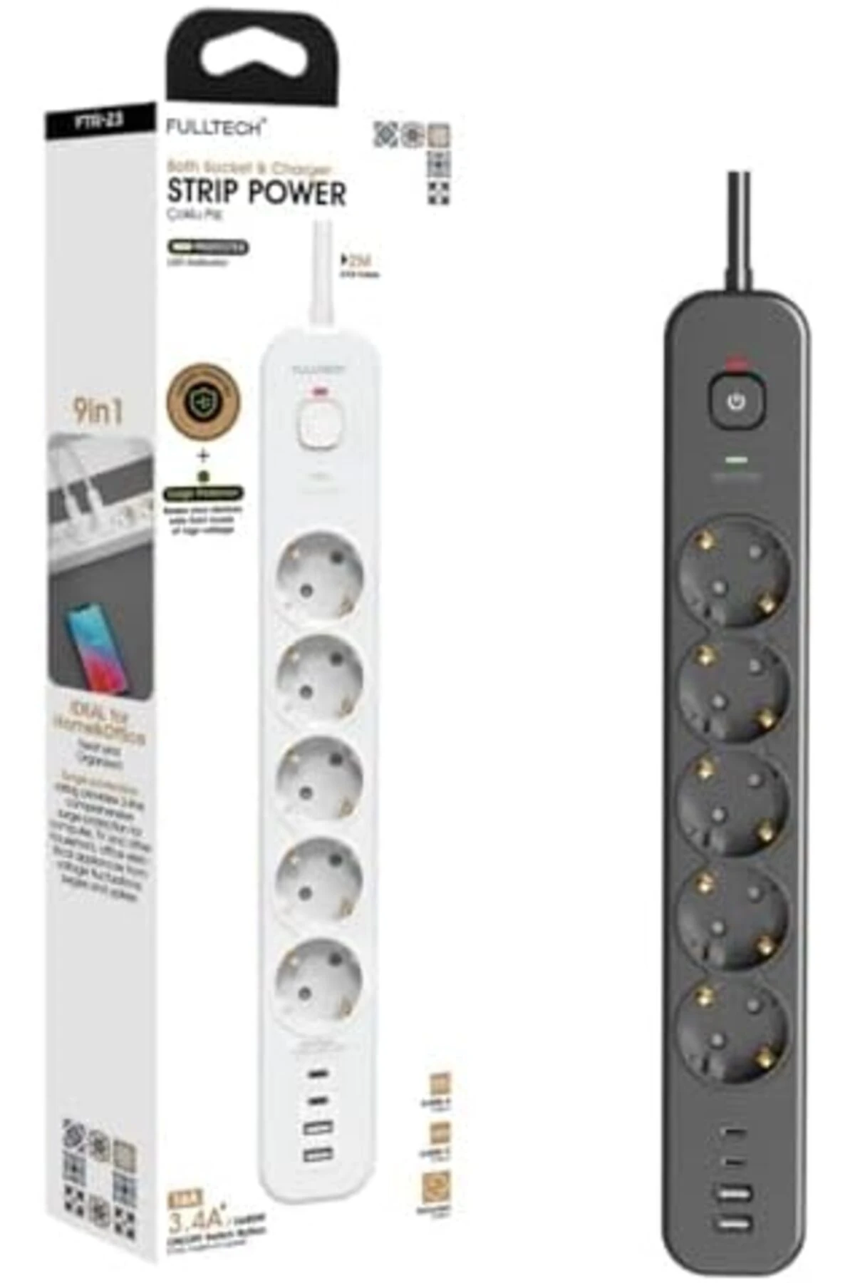 trendflare Korumalı Priz, 5'li Priz Soketi, 5x Fiş Soketi, 2x Usb Girişi, 2x Type-C Girişi, Day