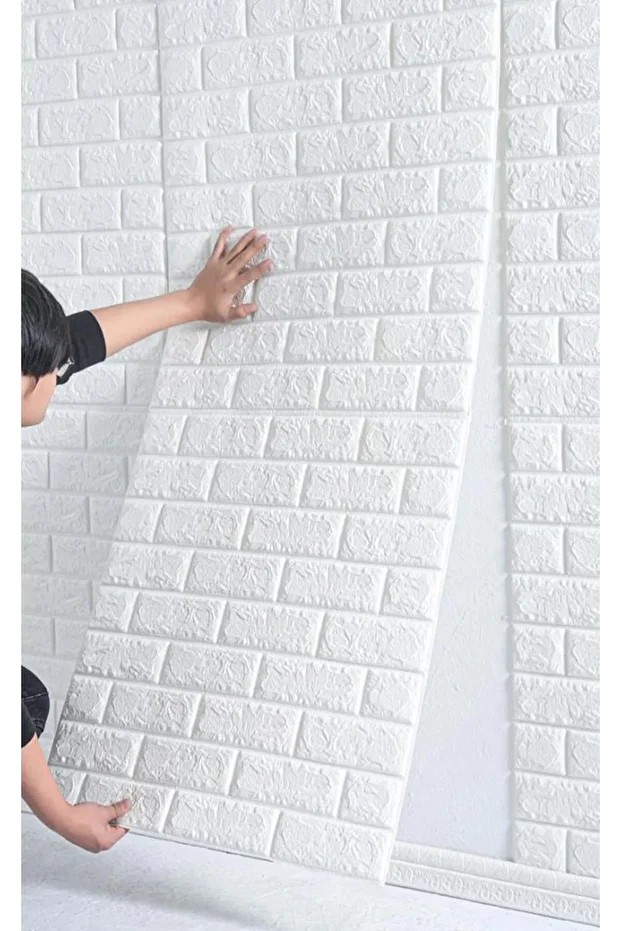 Kendinden Yapışkanlı Duvar Kağıdı Esnek Köpük Paneli 70x500cm (3,5 m2) Beyaz 3d Tuğla Desen Ev Ofis