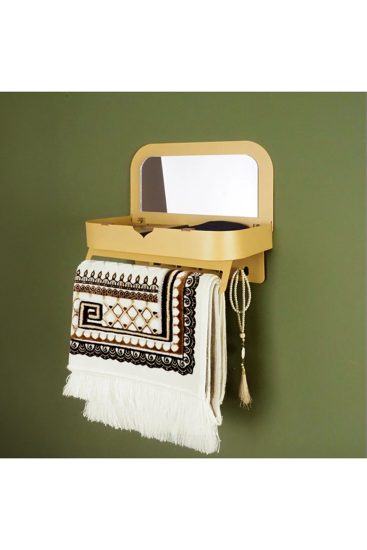 Duvara Monte Aynalı Namaz Köşesi Rafı – Seccade & Tesbih Düzenleyici - WAMH209