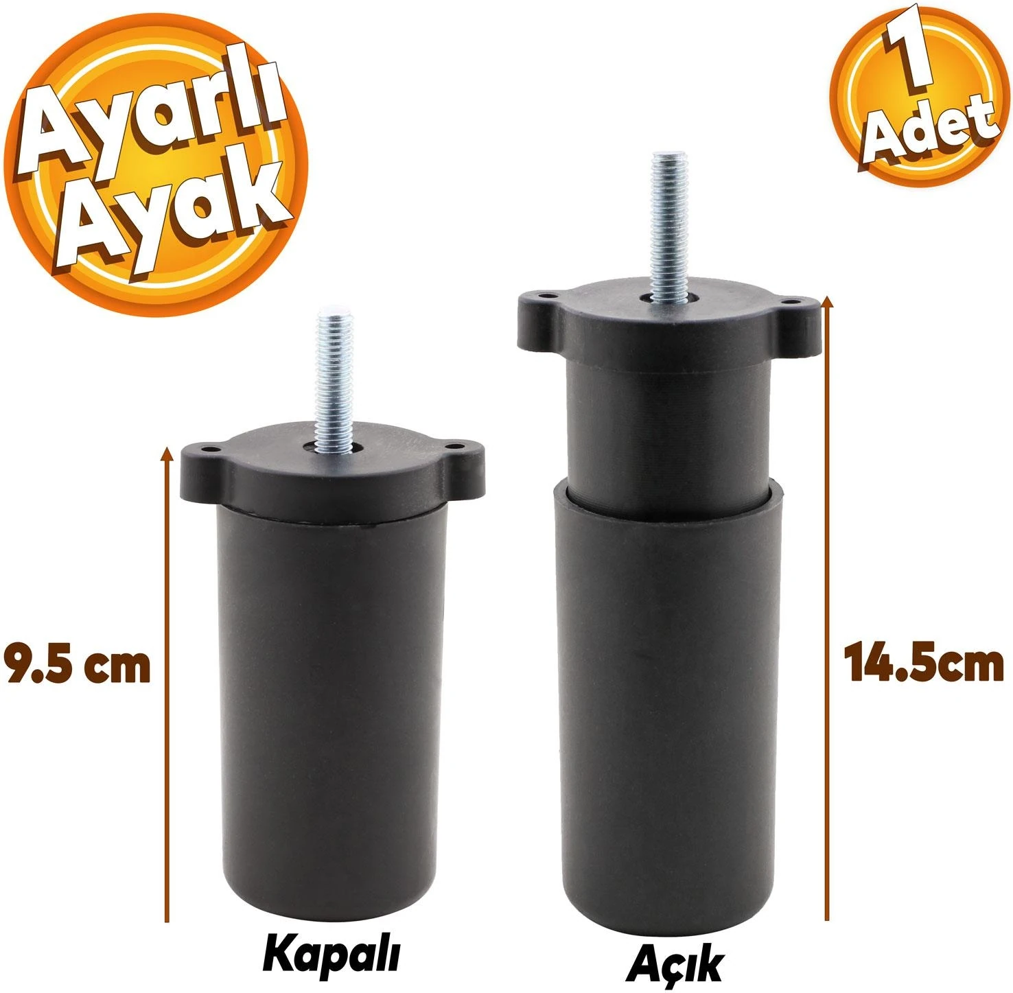 Ayarlanabilir Gizli Mobilya Kanepe Baza Koltuk M8 Civatalı Vidalı Orta Destek Ayağı Ayak Siyah 9.5cm