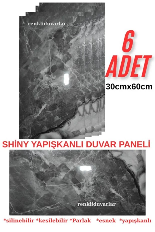 6 Adet 60cmx30cm Antrasit Mermer Desen Yapışkanlı Karavan Banyo Wc Duvar Kaplama Paneli BS8041
