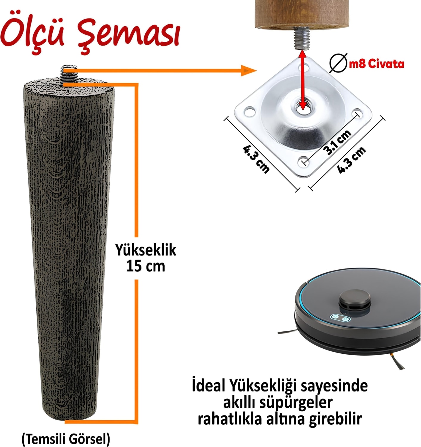 8 Adet Ahşap Ayak 15 cm Beyaz M8 Civatalı Bağlantı Aparatlı Dolap Mobilya Koltuk Kanepe Destek Ayağı Ayakları