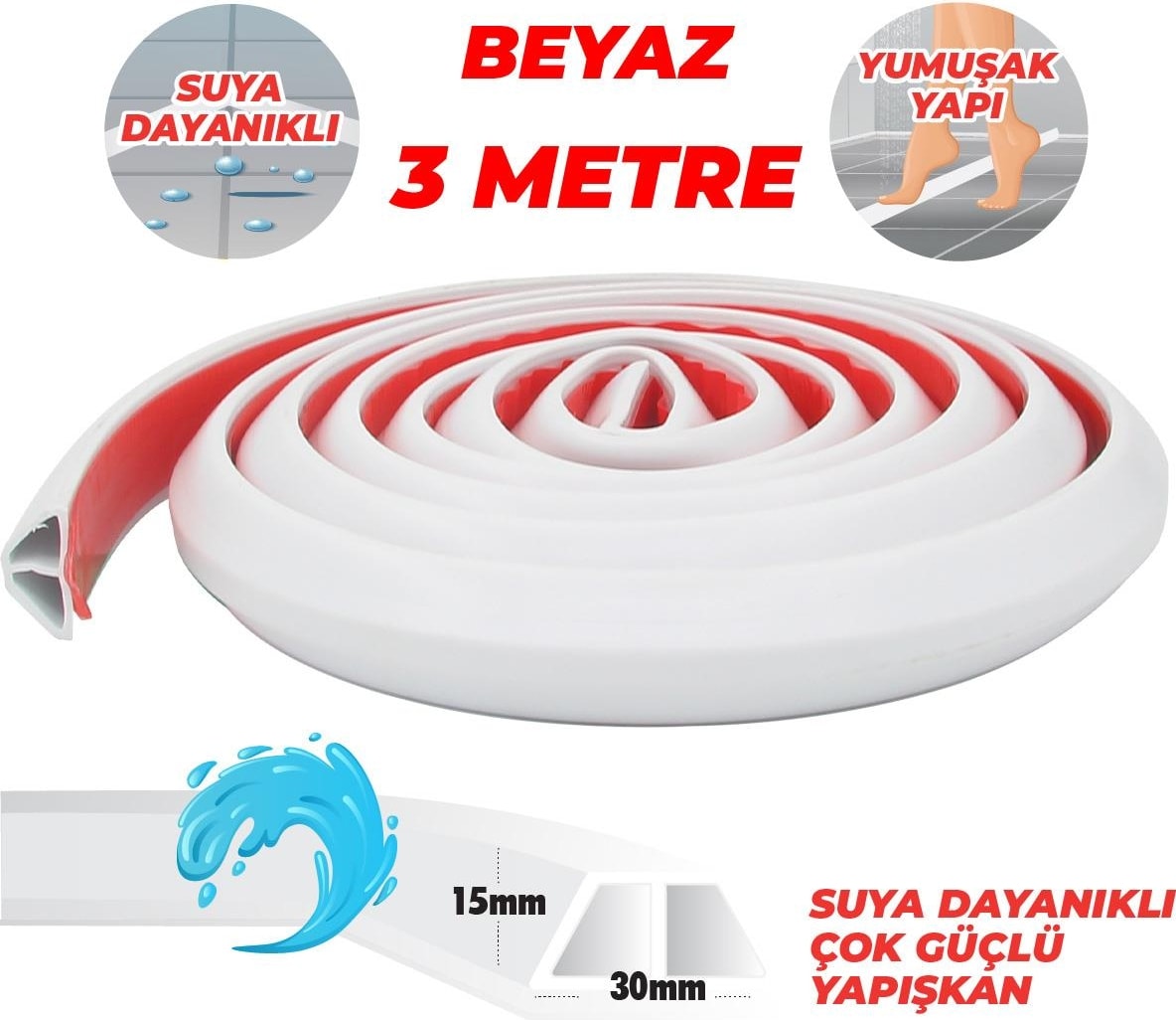 OZKUVVET Duş, Kapı Eşiği, Mutfak Tezgahı Etrafı Su Kesici Bariyer Beyaz 3 Metre