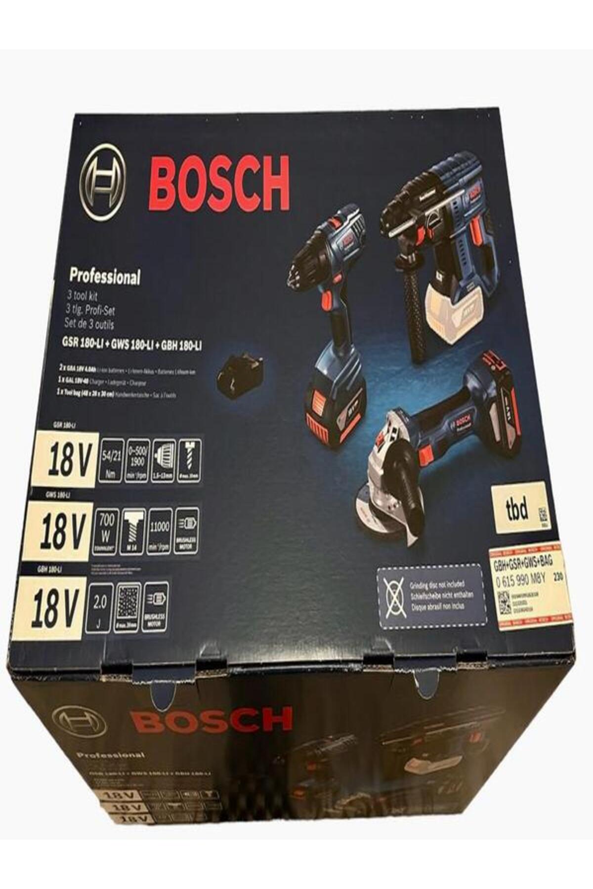 BOSCH Gsr18v-50şarjlı Vidalama Gws180şarjlı Taşlama Gbh180 Şarjlı Kırıcıdelici 2x4ah Akü1xdolm Cihaz